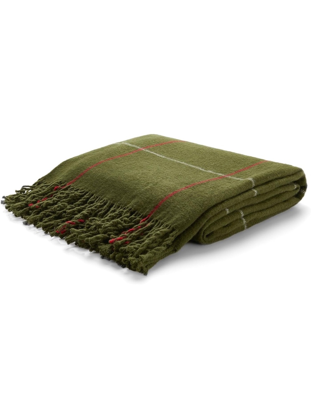 Olive Green Plaid Throw Blanket with Fringe